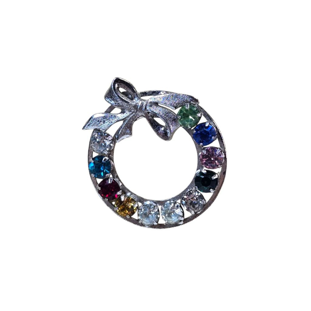 Vintage Tru-Kay Brooch Pin Silvertone Multicolor Rhinestone Wreath Holiday